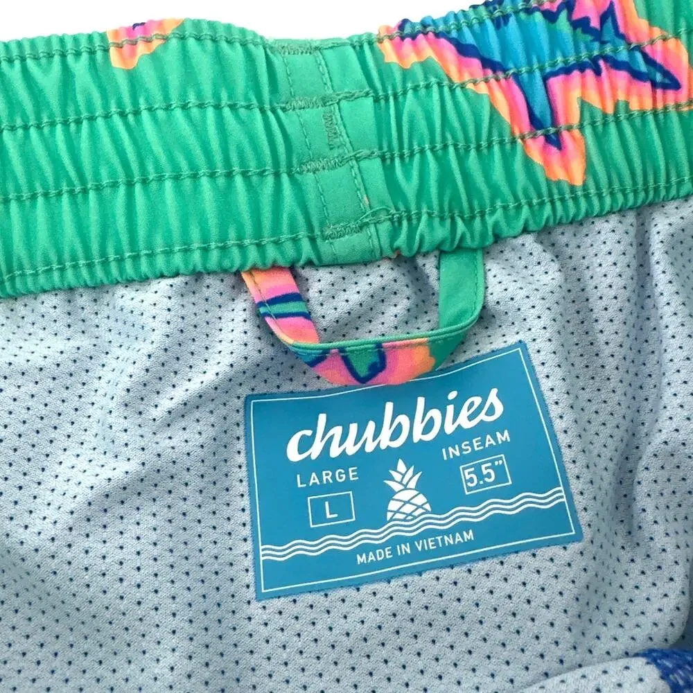 chubbies Teal Swim Trunks with Blue and Pink Starfish Print